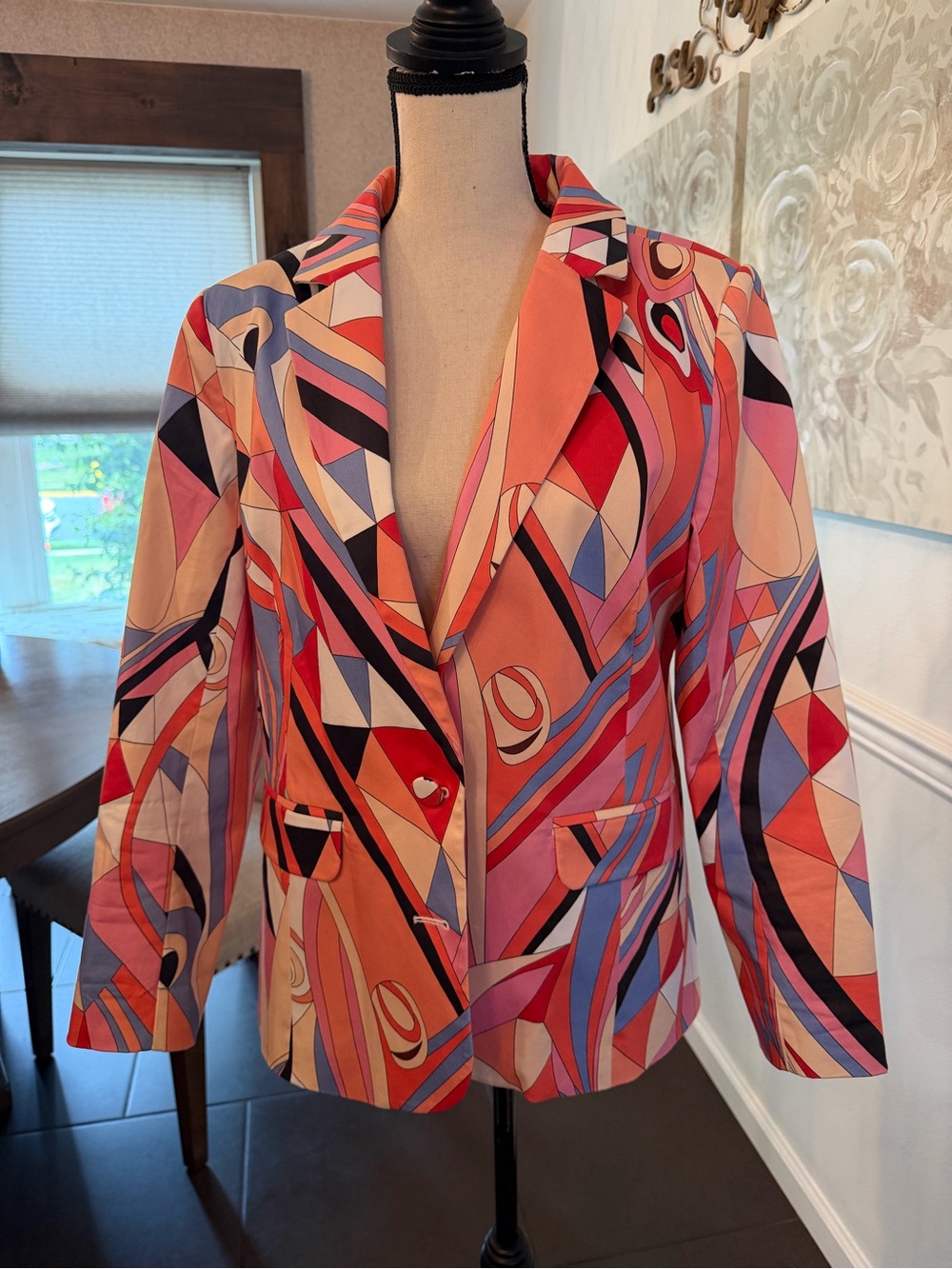Women's Abstract Geo-Print Blazer in Coral Multi